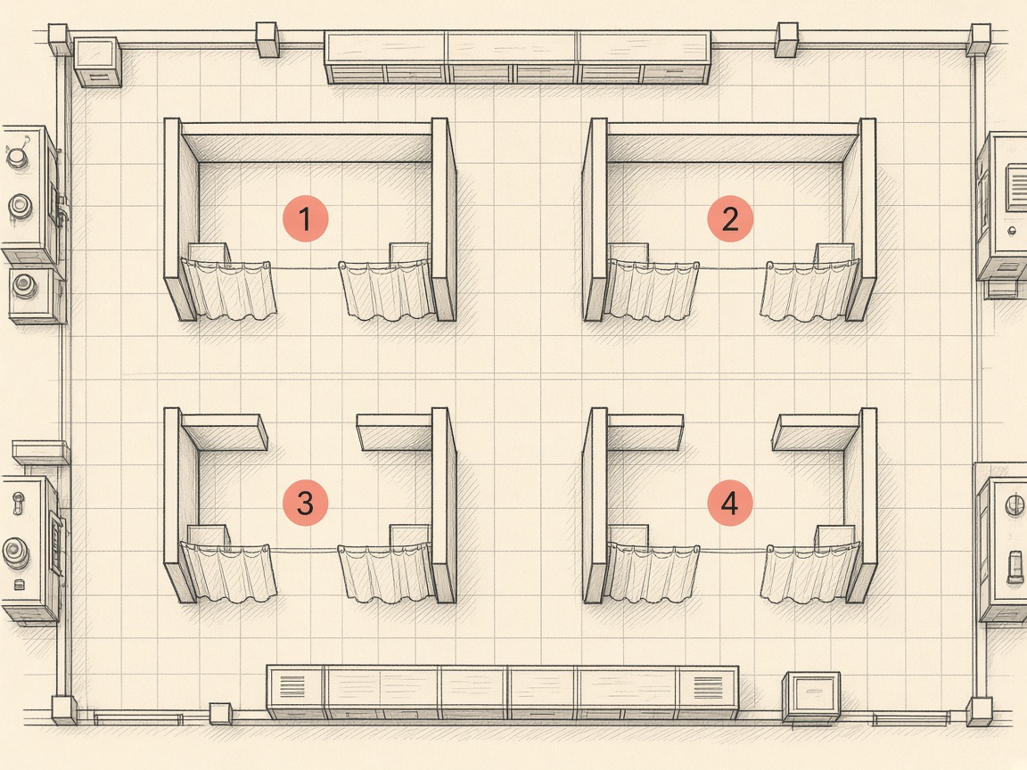 Soft illustration of numbered welding booth practice lanes